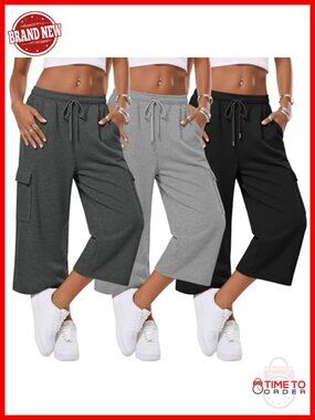 3 Pack Womens Cargo Capris Wide Leg Loose Workout Active Pants Baggy Cropped